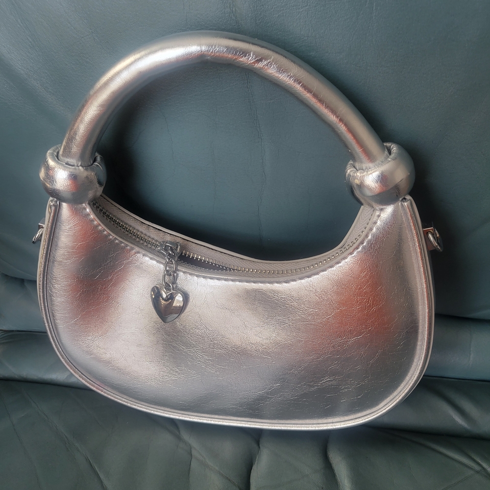 Metallic Silver Heart Charm Handle Shoulder Bag